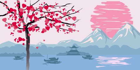 Chinese traditional or Japanese landscape, with pagoda and mountains, flowering tree hearts, sunset sea fisherman boats, silhouettes. Isolated illustration vectorのイラスト素材