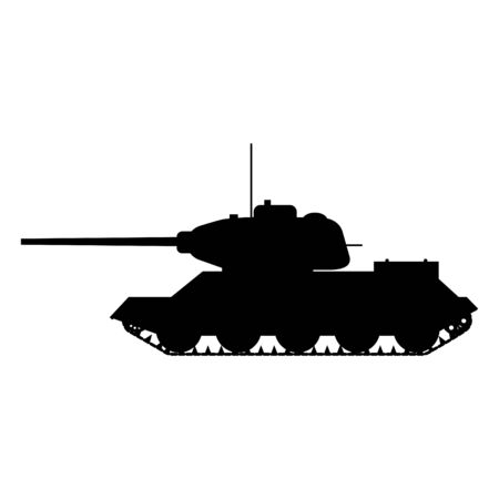 Silhouette tank Soviet World War 2 T34 medium tank icon. Military army machine war, weapon, battle symbol silhouette side view. Vector illustration isolatedのイラスト素材