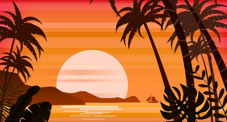 Sunset beach palm trees silhouettes, summertime, tropical sea, ocean. Panorama colorful of mountains, horison orange Sun seascape, landscape sailboat. Vector illustration isolated poster flyer invitation card bannerのイラスト素材
