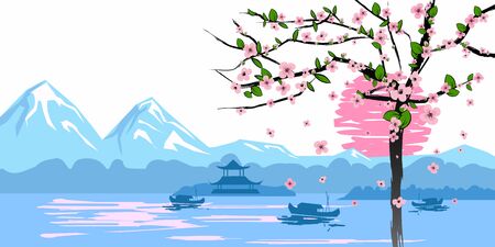 Chinese traditional or Japanese landscape, with pagoda and mountains, flowering tree, sunset sea fisherman boats, silhouettes. Isolated illustration vectorのイラスト素材