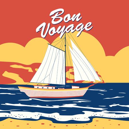 Sailing ship banner retro vintage pop art with text Bon Voyageのイラスト素材