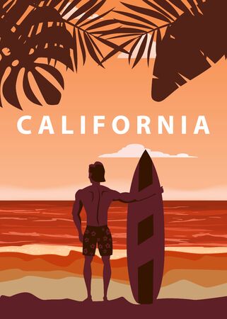 Surfer standing with surfboard on the tropical beach back view. California surfing palms ocean theme retro vintage. Vector illustration isolated template poster bannerのイラスト素材