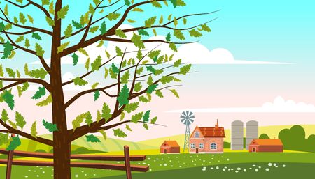 Lovely Countryside landscape farm village farm spring tree green hills fields, nature, bright color blue sky.のイラスト素材
