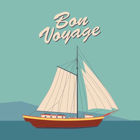 Sailing ship banner retro vintage with text Bon Voyage. Nautical ocean sailing yacht or travelingのイラスト素材