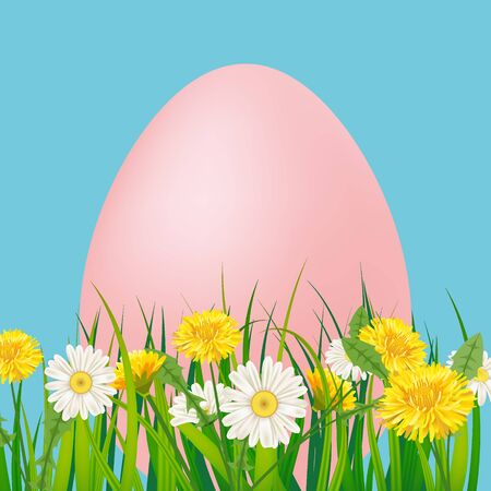 Template banner Easter egg bouquet with flowers bouquet dandelions and daisies, chamomiles, grassのイラスト素材