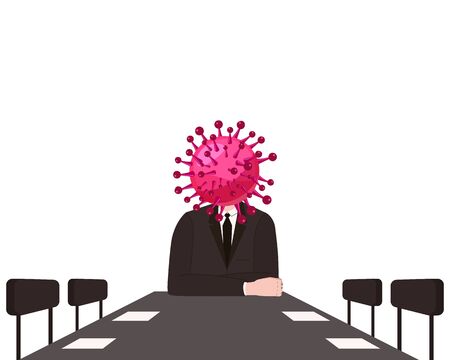 Virus character, human body head virus, leads a meeting at the table. Microbe, Pathogen, coronavirus flu germ virus infection bacteriaiconのイラスト素材