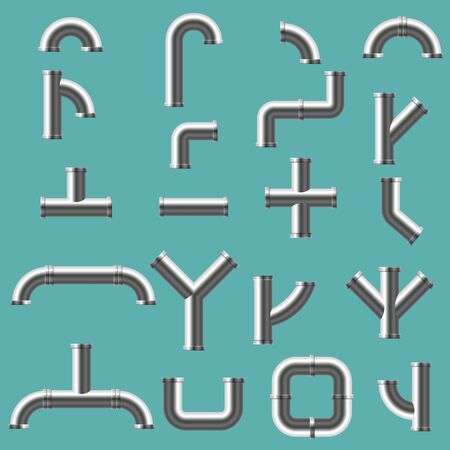 Set pipes different types collection. Plumbing, pipeline water, gas pipes sewage. Different types collection tube. Industry gas valve. Steel and plastic connectors. Construction and industrial pressure technology plumbing. Vector realistic style isolatedのイラスト素材