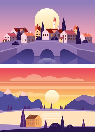 Set Summer sunset seaside landscapes. Cityscape stone bridge, Sea ocean nature hills fields mountains blue sky clouds sun house countrysideのイラスト素材