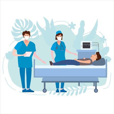 Doctor and nurse in antiviral face mask and patient taking care of patient health. Consultation and diagnosis medical tests virus check. Vector illustration isolatedのイラスト素材
