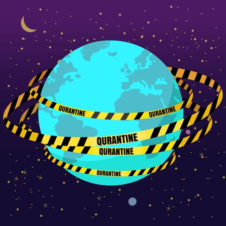 Quarantine tapes strips around planet Earth. Pandemic stop Coronavirus outbreak covid-19 2019-nCoV quarantine. Vector isolated banner posterのイラスト素材