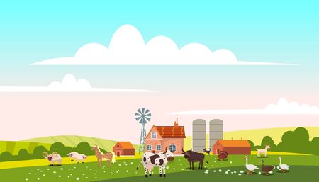 Lovely Countryside landscape village farm green hills fields, nature, bright color blue sky. Spring, summer country scenery panorama agriculture, farming animals farm cows, duck, ram, sheeps. Vector illustrationのイラスト素材