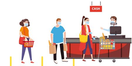 Supermarket store counter cashier and buyers in medical masks, with cart and basket of foodのイラスト素材