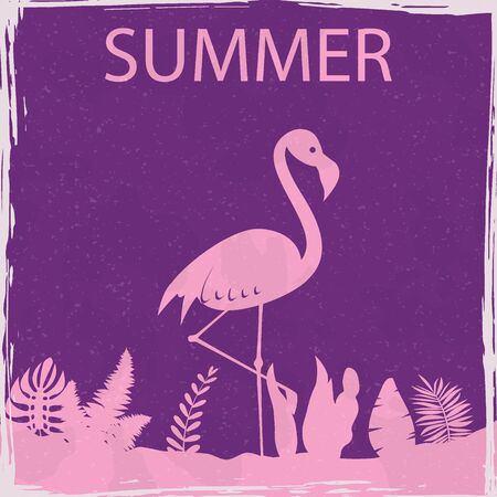 Flamingo summer tropical exotic bird floral vintage poster. Textured grunge effect retro card with text Summer. Vector illustration silhouetteのイラスト素材