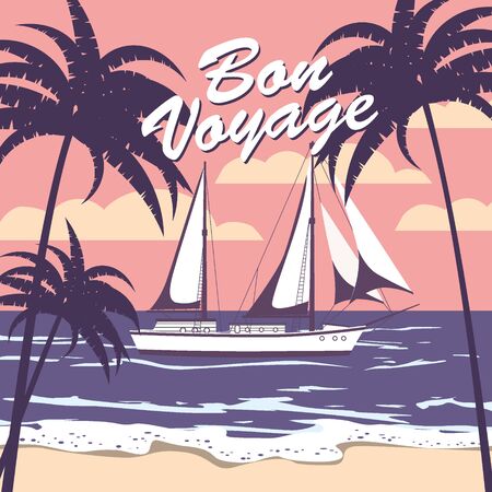Sailing ship banner retro vintage with text Bon Voyage tropical palm silhouettesのイラスト素材