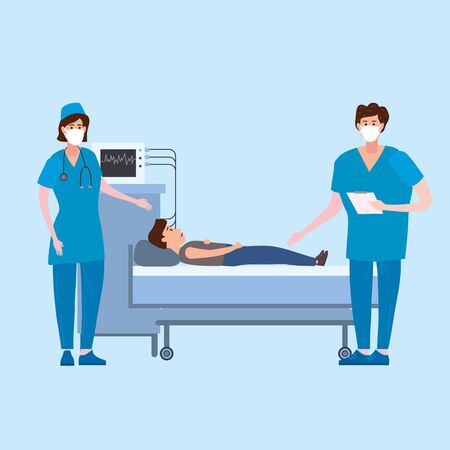Doctor and nurse in antiviral face mask and patient taking care of patient health in hospital room. Consultation and diagnosis medical tests virus check. Vector illustration isolatedのイラスト素材
