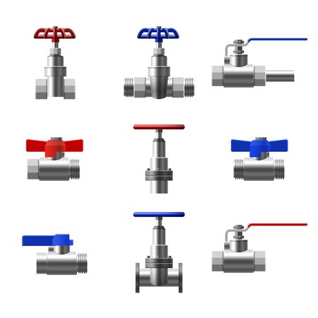 Set valves ball, fittings, pipes of metal piping system. Different types valves water, oil, gas pipeline, pipes sewage. Construction and industrial pressure technology plumbing. Vector illustration realistic style isolatedのイラスト素材