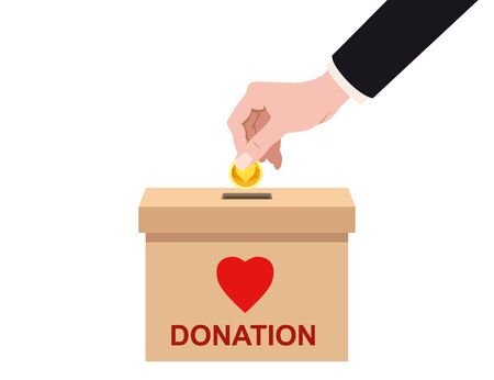 Hand insert golden coin into donate box with text banner donation charity concept. Vector illustration isolatedのイラスト素材