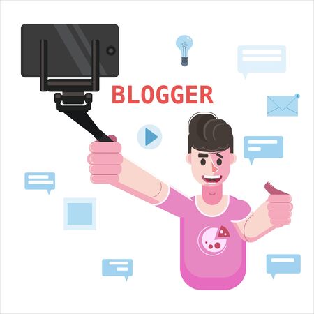 Blogger making video for blog or vlog holds smartphone on tripod. Popular young video streamer blogger man, live broadcast, podcast, online channel. Reviews, questions, answers of subscribers of the audience. Vector isolated illustration trendy flat styleのイラスト素材
