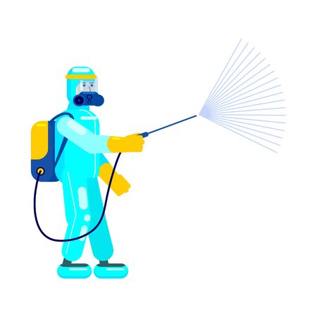 Man edical scientist in chemical protection suit disinfects spray to cleaning and disinfect virus Covid-19, Coronavirus disease, preventive measures. Vector illustration flat styleのイラスト素材