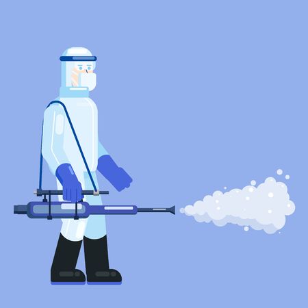 Man edical scientist in chemical protection suit disinfects spray to cleaning and disinfect virus Covid-19, Coronavirus disease, preventive measures. Vector illustration flat styleのイラスト素材