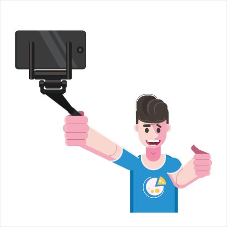 Blogger making video for blog or vlog holds smartphone on tripod. Popular young video streamer blogger man, live broadcast, podcast, online channel. Vector isolated illustration trendy flat styleのイラスト素材