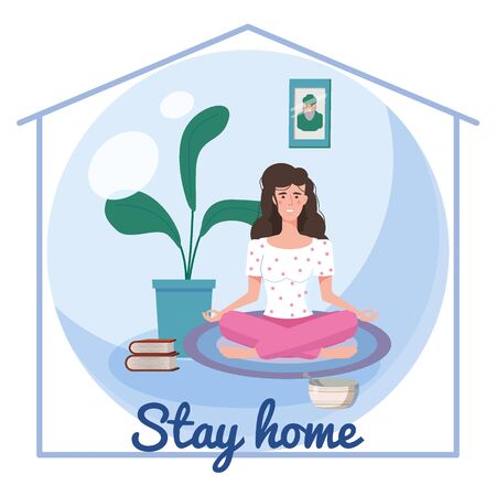 Stay home awareness quarantine consept banner self isolation. Young woman girl sits in a meditation pose at home. Social media campaign and coronavirus covid 19 prevention epidemic. Vector isolated illustrationのイラスト素材