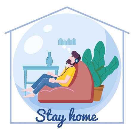 Stay home awareness quarantine consept banner self isolation.Young man sitting on a bean bag with headphones and listening to music at home. Social media campaign and coronavirus covid 19 prevention epidemic. Vector isolated illustrationのイラスト素材