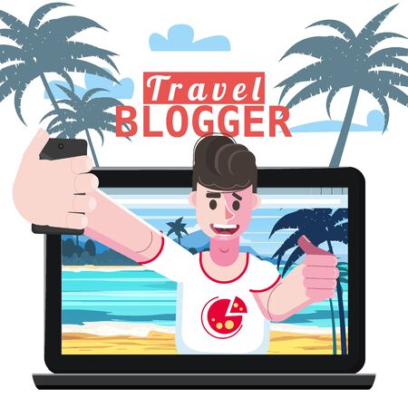 Travel blogger making video for blog or vlog. Popular young video streamer blogger man, live broadcast, podcast, online channel, laptop. Reviews, questions, answers of subscribers of the audience. Vector isolated illustration trendy flat styleのイラスト素材