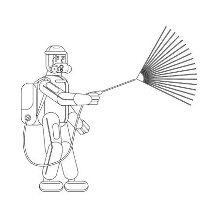 Man edical scientist in chemical protection suit disinfects spray to cleaning and disinfect virus Covid-19, Coronavirus disease, preventive measures. Vector illustration linear styleのイラスト素材