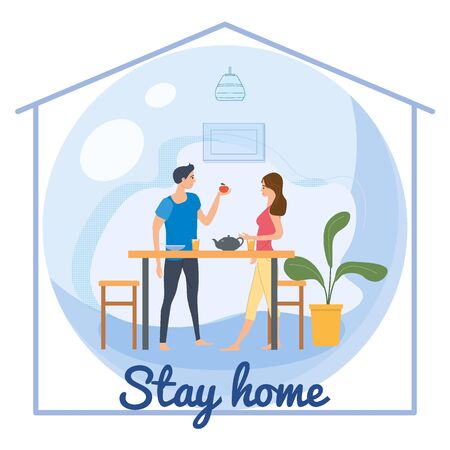Stay home quarantine consept banner self isolation. Young couple family sitting at home drink tea smiling and staying together. Social media campaign and coronavirus covid 19 prevention epidemic. Vector isolated illustrationのイラスト素材