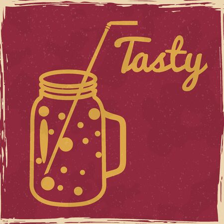Mason jar drink beverage glass stick vintage poster. Textured grunge effect retro card with text Tasty. Vector illustration background silhouette isolatedのイラスト素材