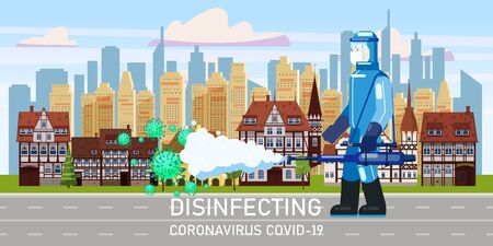 Man edical scientist in chemical protection suit disinfects spray to cleaning and disinfect virus Covid-19 in city downtown on street, Coronavirus disease, preventive measures. Vector illustration flat styleのイラスト素材
