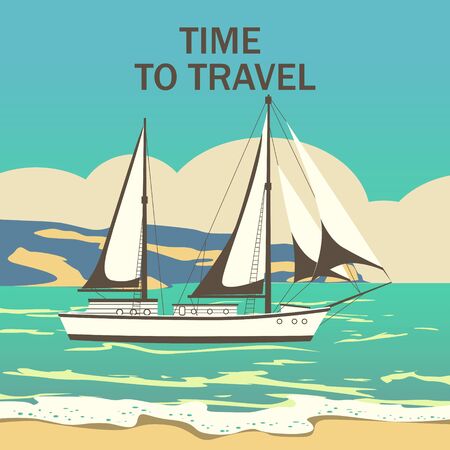 Sailing ship banner retro vintage with text Time To Travel. Nautical ocean sailing yacht or traveling seascapeのイラスト素材