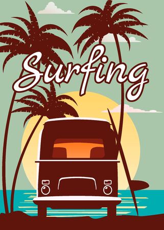 Surfer orange bus, van, camper with surfboard on the tropical beach. Poster Surfing palm trees and blue ocean behind. Retro illustration of modern design, isolated, vectorのイラスト素材