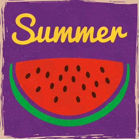 Watermelon slice tropical berry vintage poster. Textured grunge effect retro card with text Summer. Vector illustration background silhouette isolatedのイラスト素材