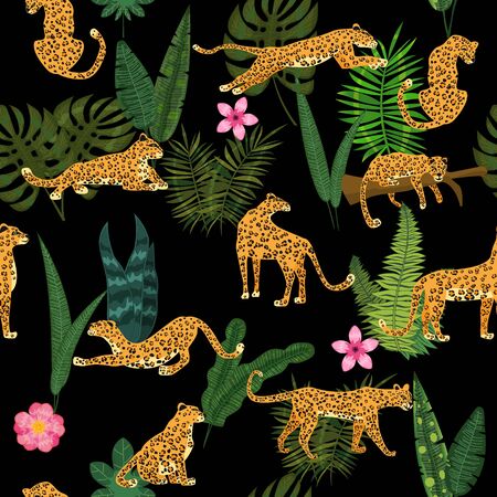 Leopards in different poses with tropical plants leaves flowers seamless pattern. Vector isolated trendy styleのイラスト素材