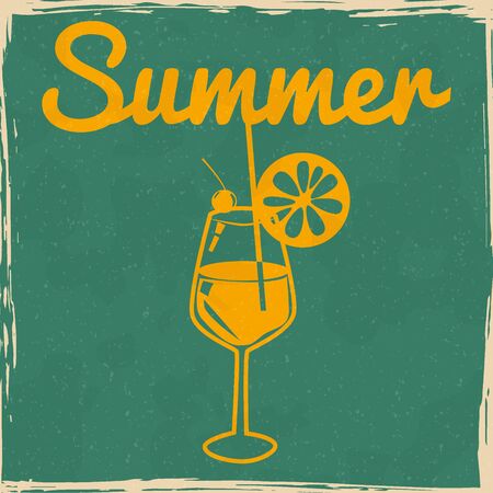 Cocktail drink beverage glass slice of lemon vintage poster. Textured grunge effect retro card with text Summer. Vector illustration background silhouette isolatedのイラスト素材