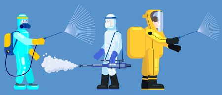Mans edical scientists in chemical protection suit disinfects spray to cleaning and disinfect virus Covid-19, Coronavirus disease, preventive measures. Vector illustration flat styleのイラスト素材
