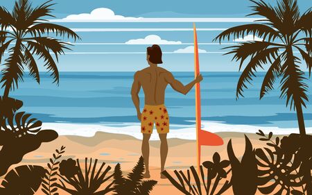 Surfer standing with surfboard on the tropical beach back view. Palms ocean surfung theme. Vector illustration isolated template poster bannerのイラスト素材