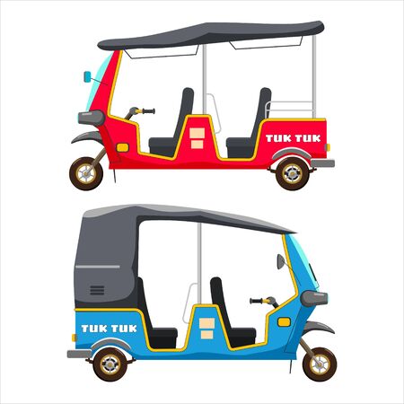 Set Tuk Tuk Asian auto rickshaw three wheeler tricycles red and blue. Thailand, Indian countries baby taxi. Vector illustration isolated cartoon styleのイラスト素材