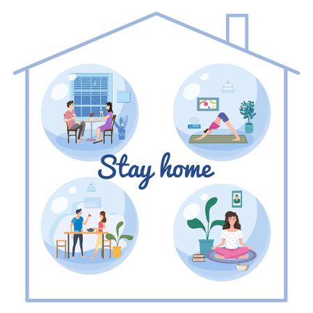 Set Stay home quarantine consept banners self isolation. Young couples and womens sitting at home drink tea coffee, practicing yoga, meditation. Social media campaign and coronavirus covid 19 prevention epidemic. Vector isolated illustrationのイラスト素材