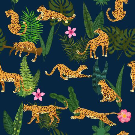 Leopards in different poses with tropical plants leaves flowers seamless pattern. Vector isolated trendy styleのイラスト素材