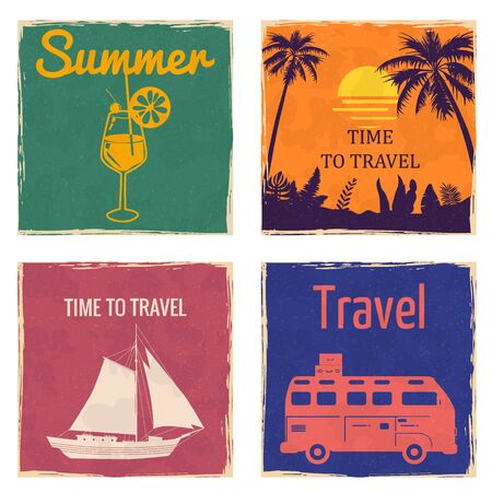 Set Sunset Seaside Sailboat Van Camper Cocktail vintage cards posterのイラスト素材