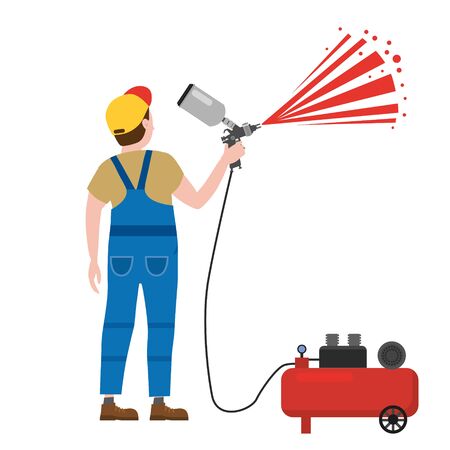 Spray painter professional character spraying yellow paint from paint gun wearing mask and uniform compressor. Flat cartoon style vector illustration isolated on white background.のイラスト素材