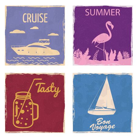 Set Speedboat Sailboat Flamingo Mason Jar vintage cards poster. Textured grunge effect retro cardのイラスト素材