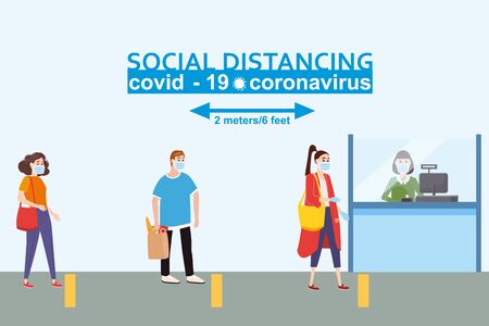 Social distancing and from COVID-19 coronavirus outbreak spreading concept prevention. Maintain a safe distance 2 meters from others at the supermarket bank pharmacy queues. Characters in queue bank. Vector isolated illustrationのイラスト素材