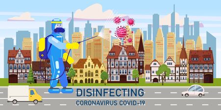 Man edical scientist in chemical protection suit disinfects spray to cleaning and disinfect virus Covid-19 in city downtown on street, Coronavirus disease, preventive measures.のイラスト素材