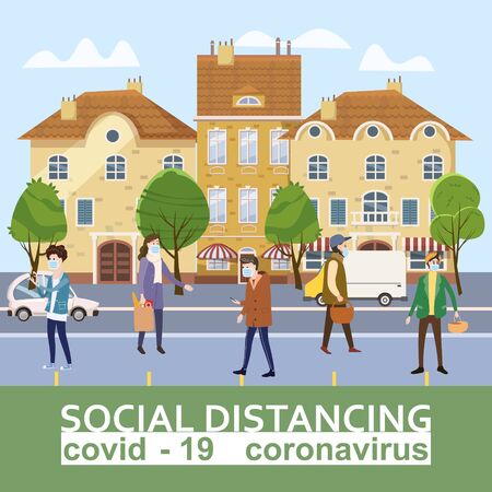 Social distancing and from COVID-19 coronavirus outbreak spreading concept prevention. Maintain a safe distance 2 meters from others on streets city town. Characters mans and womans with a purchase in hand. Vector isolated illustrationのイラスト素材