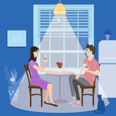 Young couple drinks coffee or tea in the evening in a cozy cute interior romantic mood on social distancing. Stays at home quarantine. Cozy interior. Vector social illustration during a virus pandemic. Banner isolatedのイラスト素材