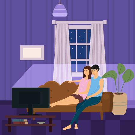 Young couple watching movies or TV shows on TV in the evening in a cozy cute interior romantic mood on social distancing. Stays at home quarantine. Cozy interior. Vector social illustration during a virus pandemic. Banner isolatedのイラスト素材